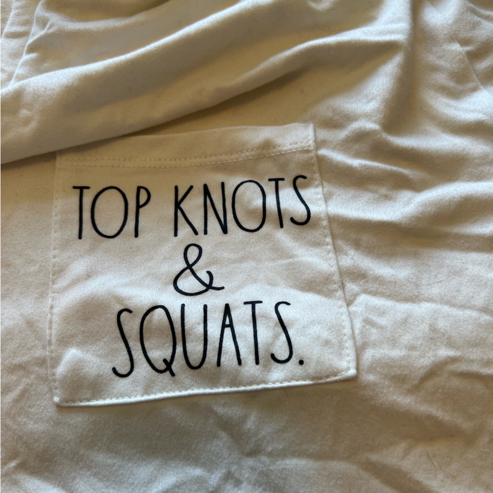 Cream, colored, rae Dunn top, knots, and squats Pocket tee
